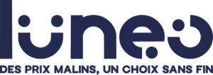 Logo de Luneo avec le slogan 'Des prix malins, un choix sans fin' en bleu foncé.