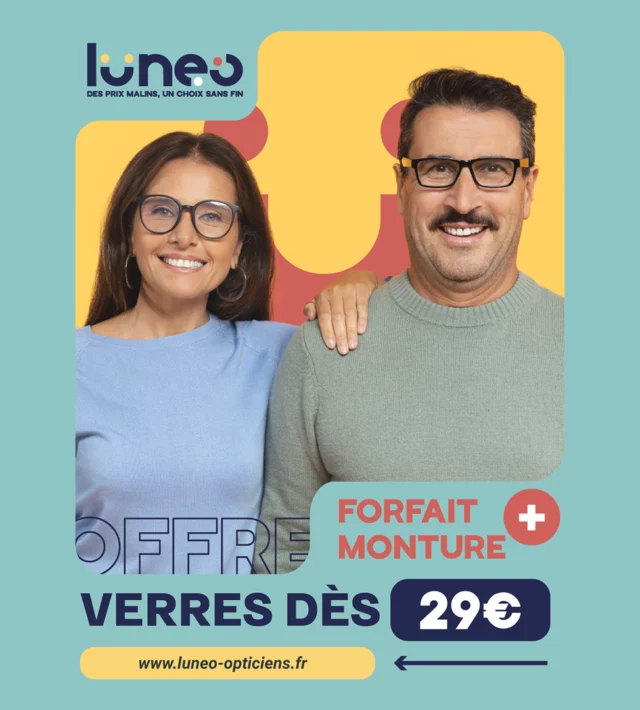 Offre Lunéo Opticiens : forfait monture + verres dès 29€, visuel avec un couple souriant portant des lunettes
