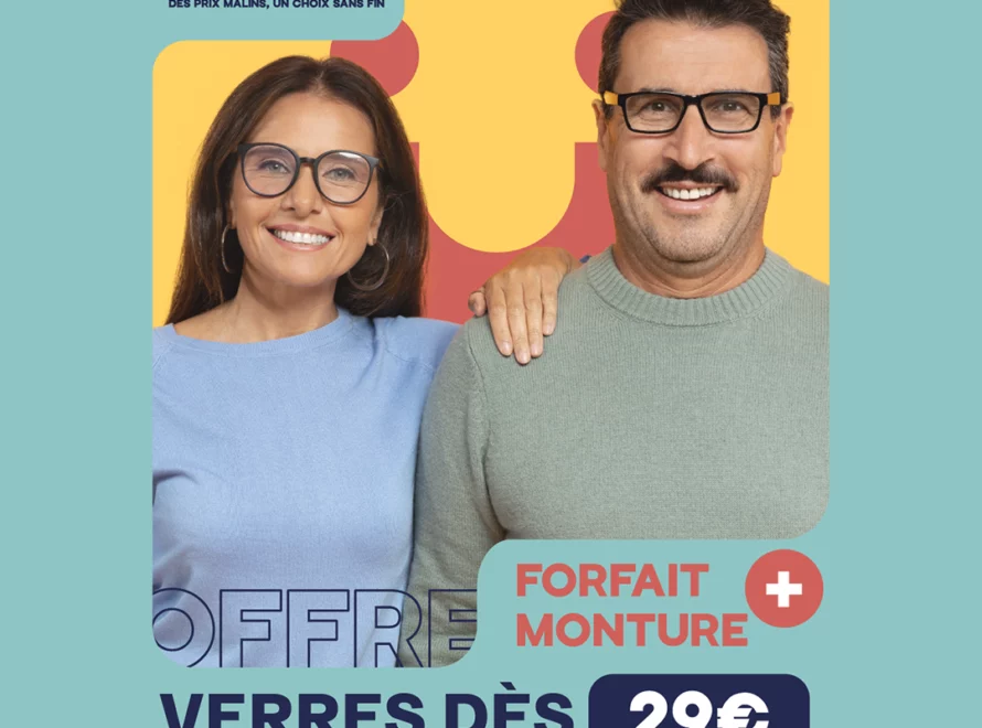 Offre Lunéo Opticiens : forfait monture + verres dès 29€, visuel avec un couple souriant portant des lunettes
