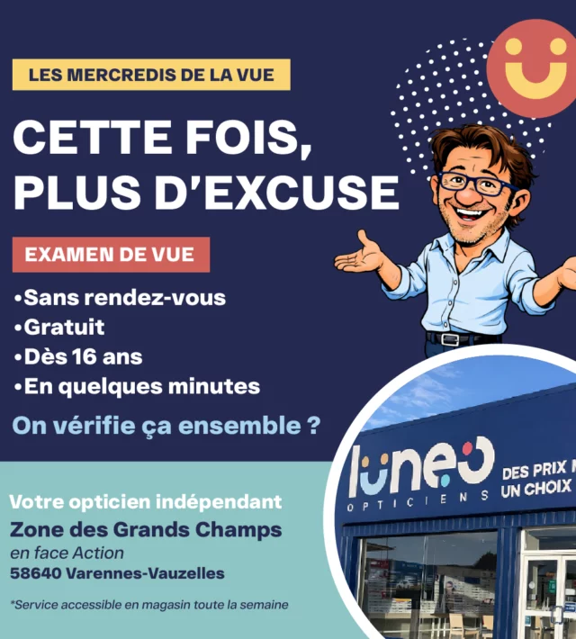 Visuel Lunéo Opticiens pour un examen de vue sans rendez-vous gratuit à Varennes-Vauzelles proche de Nevers